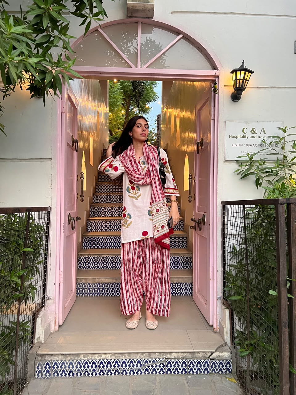 White & Red Handblock Print Farshi Suit Set with Mulmul Dupatta