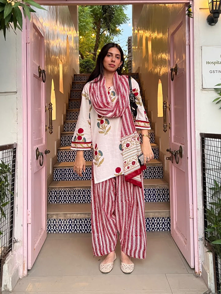White & Red Handblock Print Farshi Suit Set with Mulmul Dupatta
