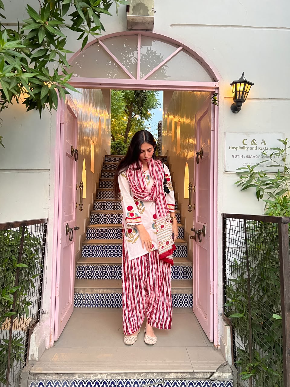 White & Red Handblock Print Farshi Suit Set with Mulmul Dupatta